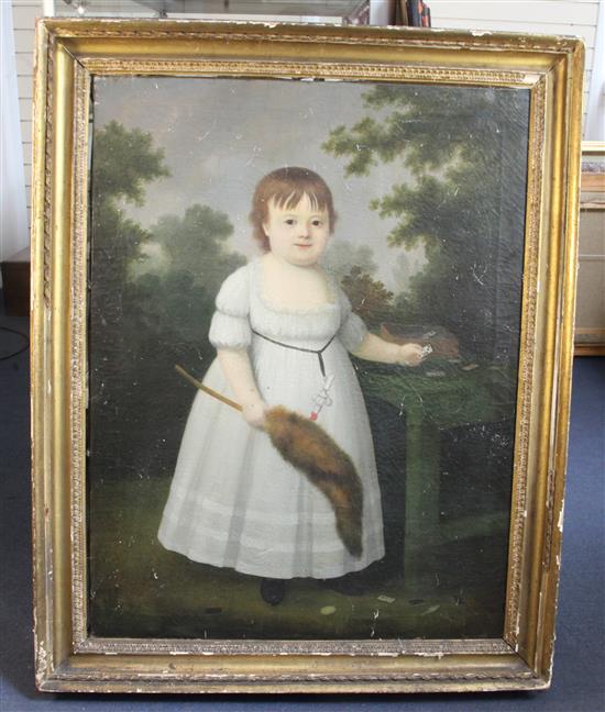 Early 19th century Portrait of a child, standing holding a foxtail, a silver rattle and dominos to hand 37 x 28in.